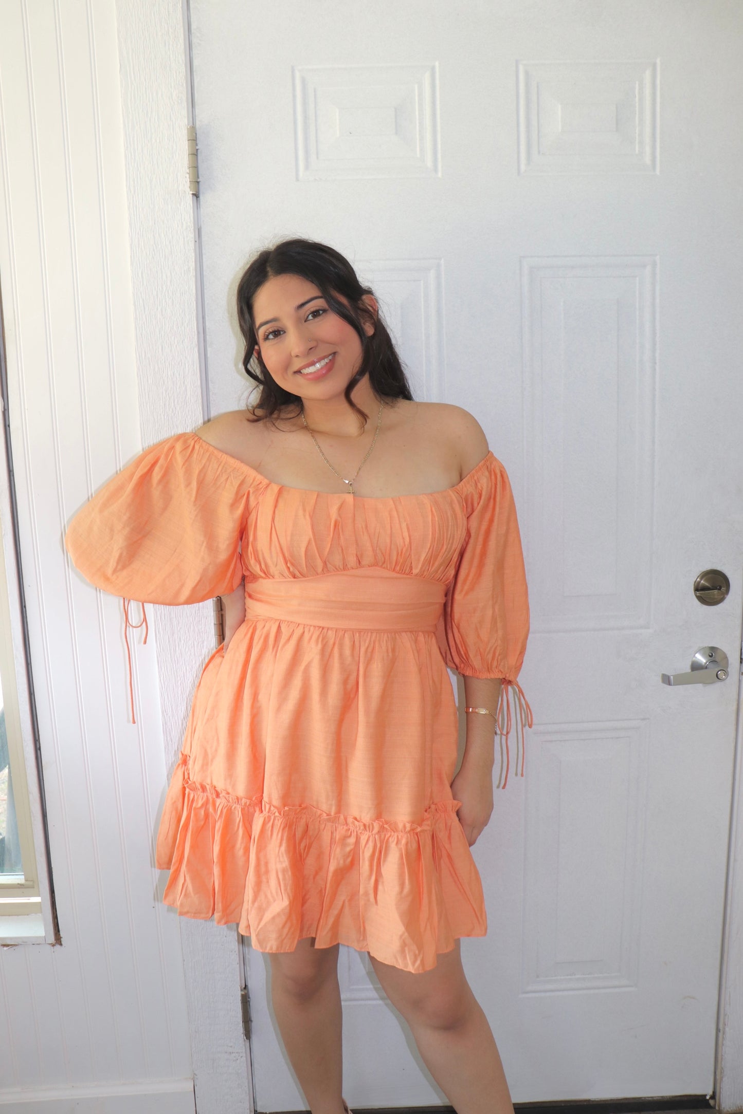 Orange Shirred Back Smocked Dress