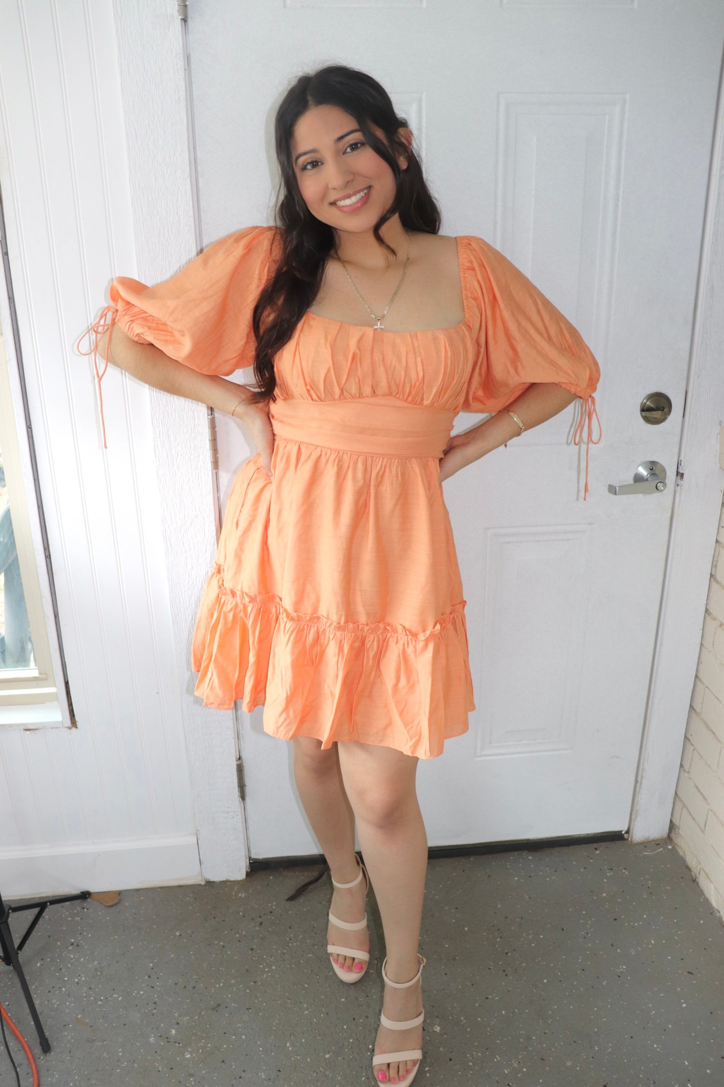 Orange Shirred Back Smocked Dress